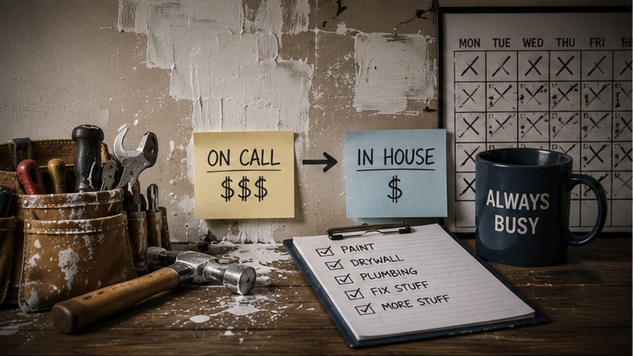 Maintenance workspace showing the shift from hiring specialists on demand to relying on one in-house worker for many tasks.