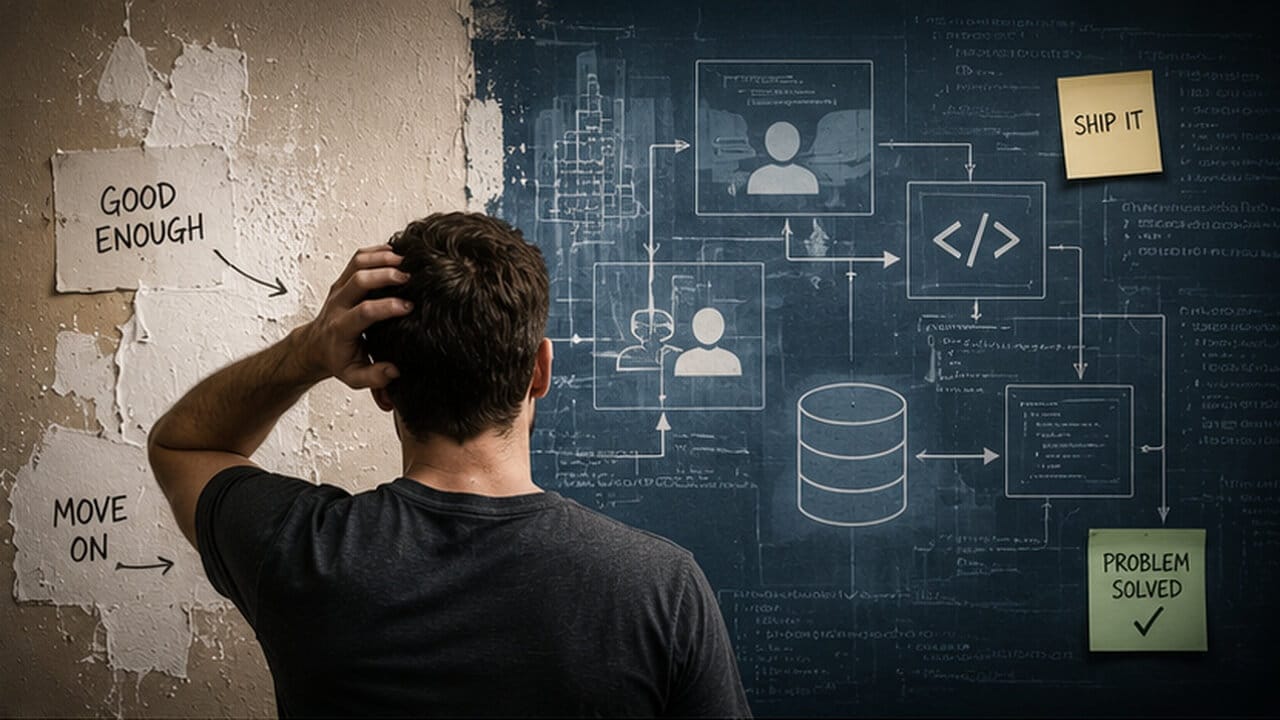 IT professional facing technical diagrams and quick-fix notes, showing the pressure to solve specialized problems with available skills.