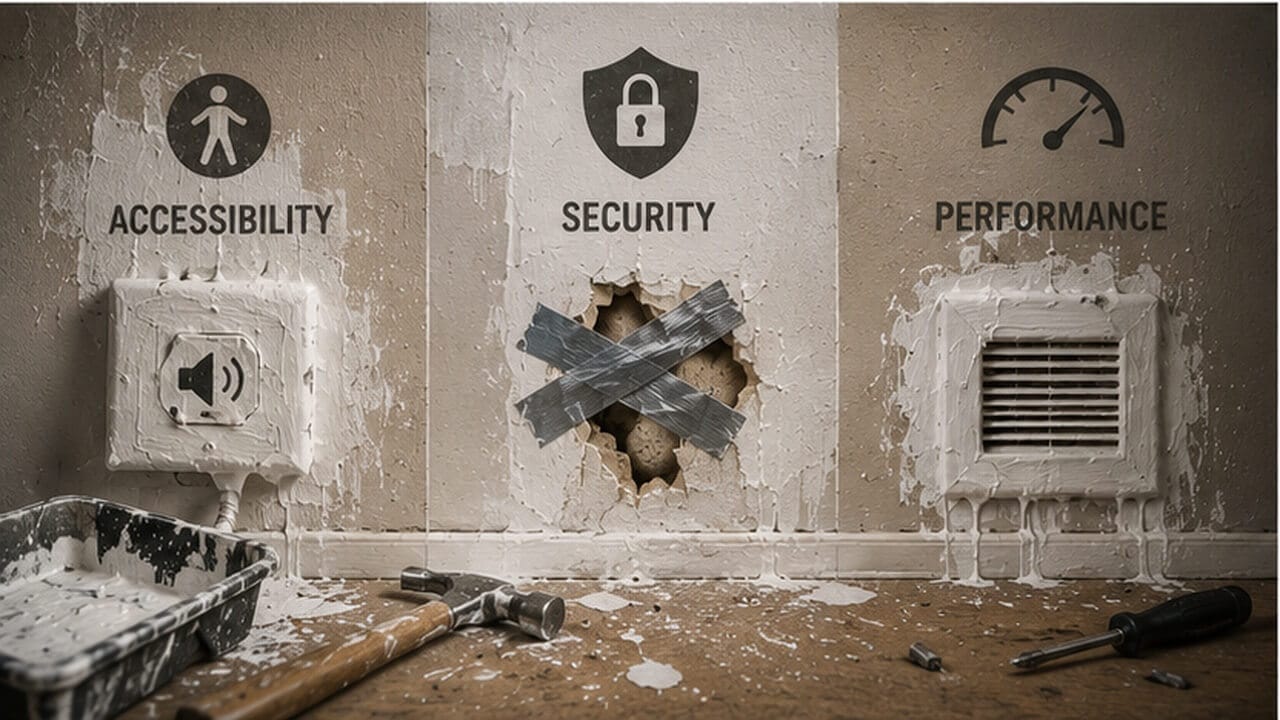 Rough repair sections represent accessibility, security, and performance, showing how quick fixes can hide deeper technical problems.