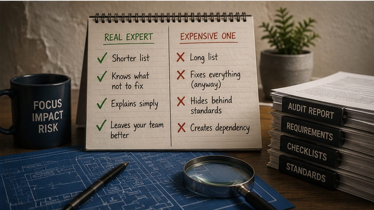 Desk comparing real expertise with checklist consulting, surrounded by technical plans, audit reports, standards, and a magnifying glass.