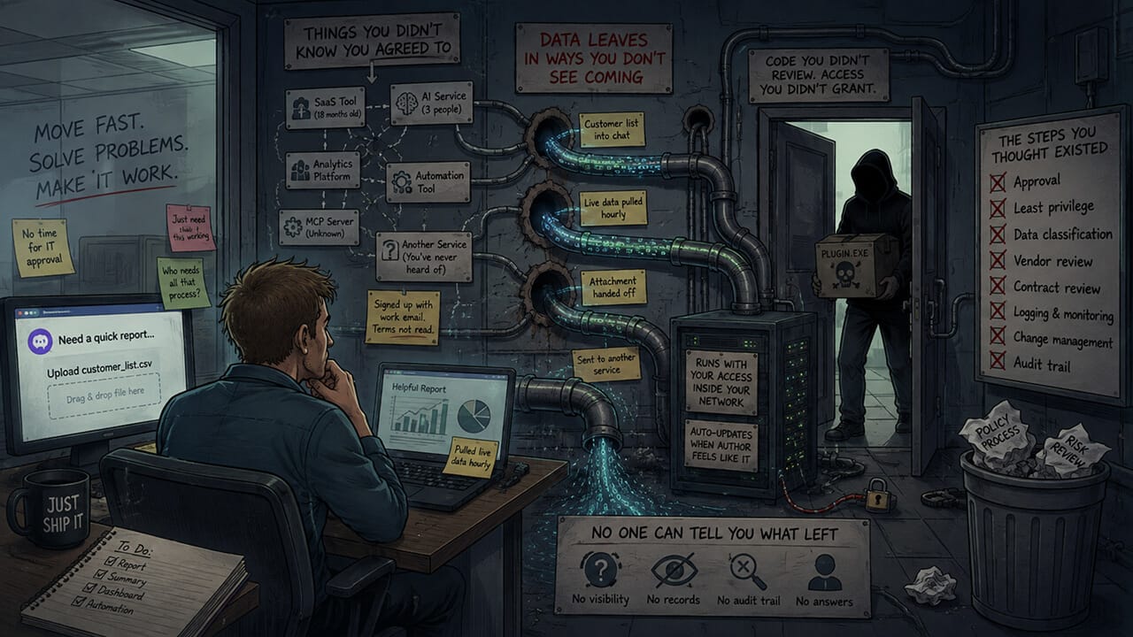 Employee unknowingly exposes company data through unreviewed AI tools, APIs, plugins, and automated workflows that bypass security controls.