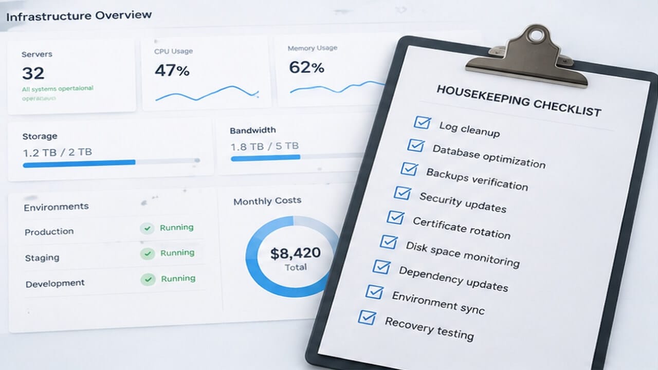 Software infrastructure dashboard showing servers, storage, bandwidth, environments, monthly costs, and a housekeeping checklist for backups, updates, monitoring, and recovery testing.