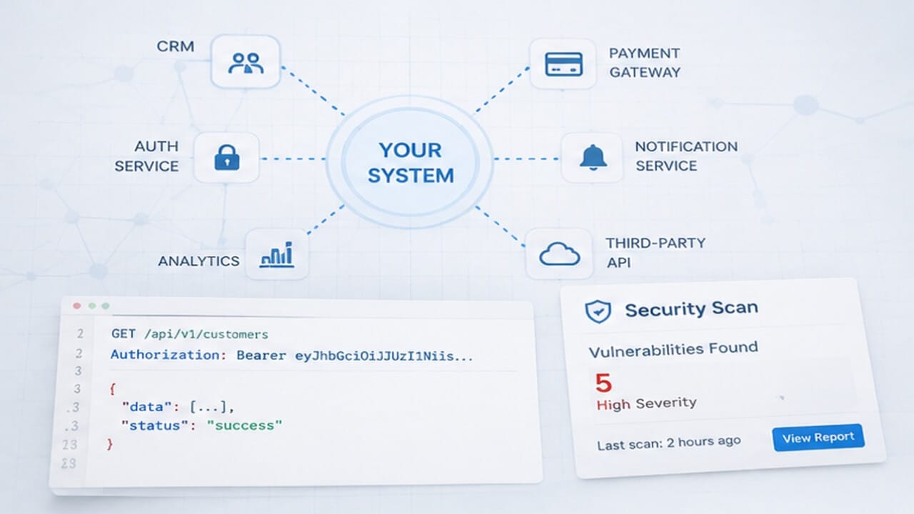 Software system connected to CRM, payment, authentication, analytics, notification, and third-party API services, alongside API code and a security vulnerability scan.