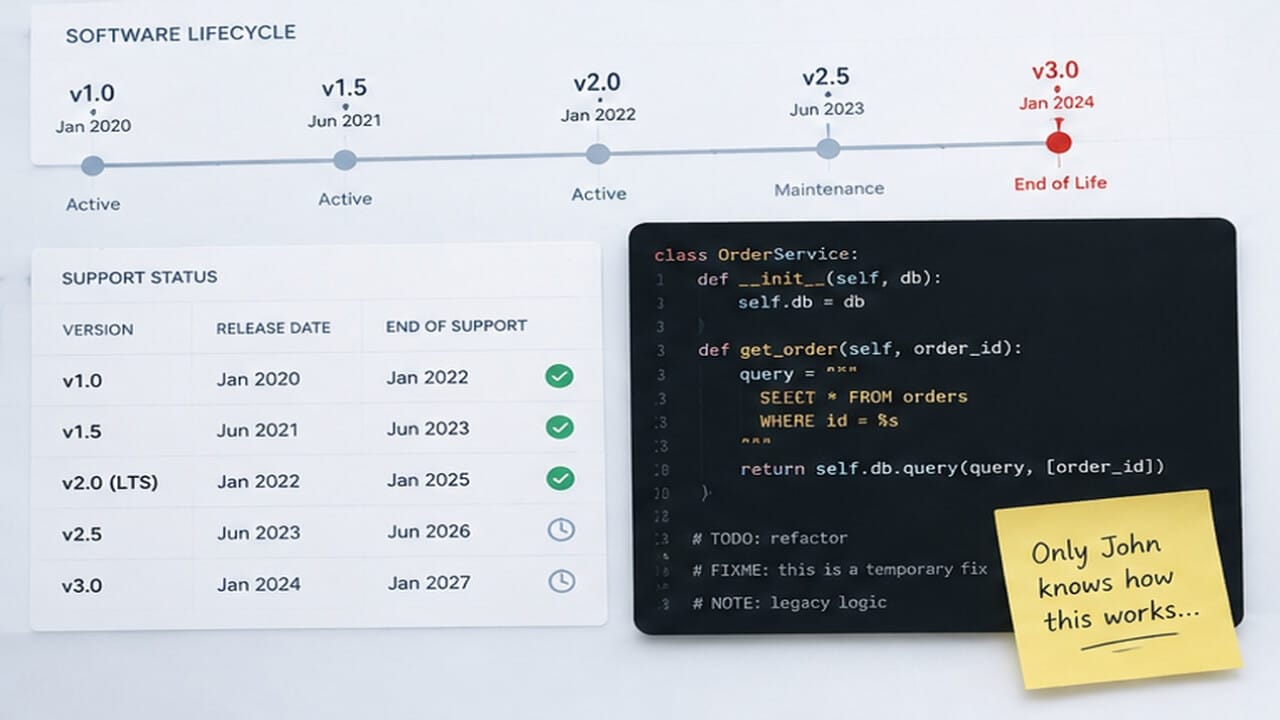 Software lifecycle timeline showing versions reaching end of support alongside legacy source code and a note indicating that only one developer knows how the system works.