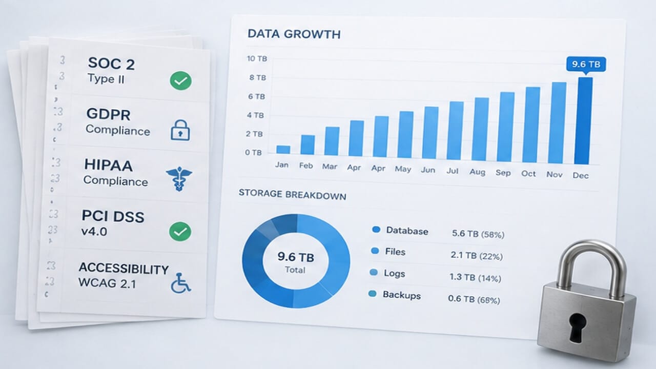 Compliance requirements including SOC 2, GDPR, HIPAA, PCI DSS, and WCAG displayed beside charts showing increasing data storage and database growth.