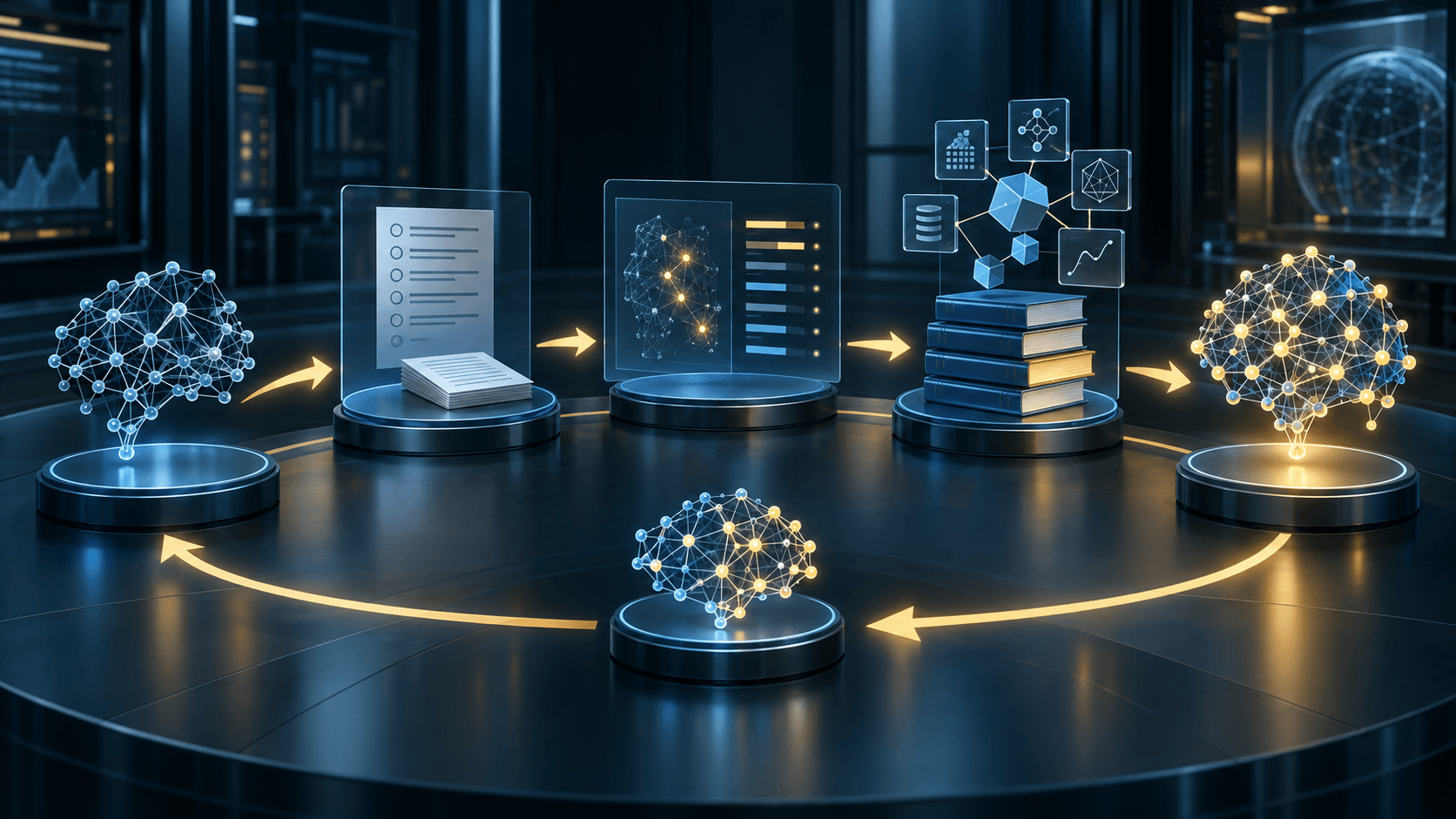 An AI model moves through testing, feedback, targeted learning, and refinement stages, becoming more advanced with each cycle.