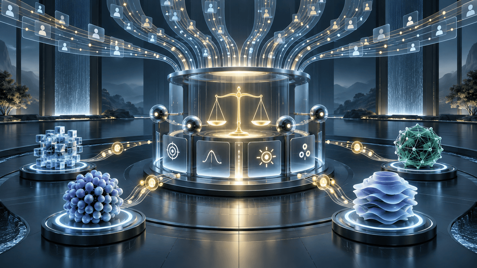 A central AI judging system evaluates several model variants as streams of interaction data provide continuous feedback.