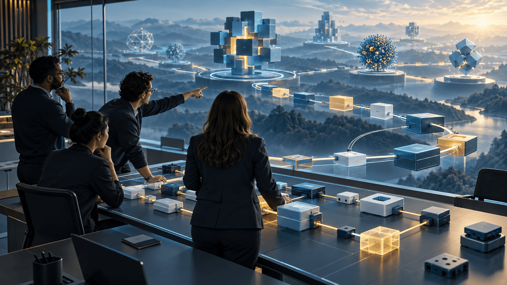 Business and technology leaders plan a modular system while multiple evolving AI models shift across a changing digital landscape.