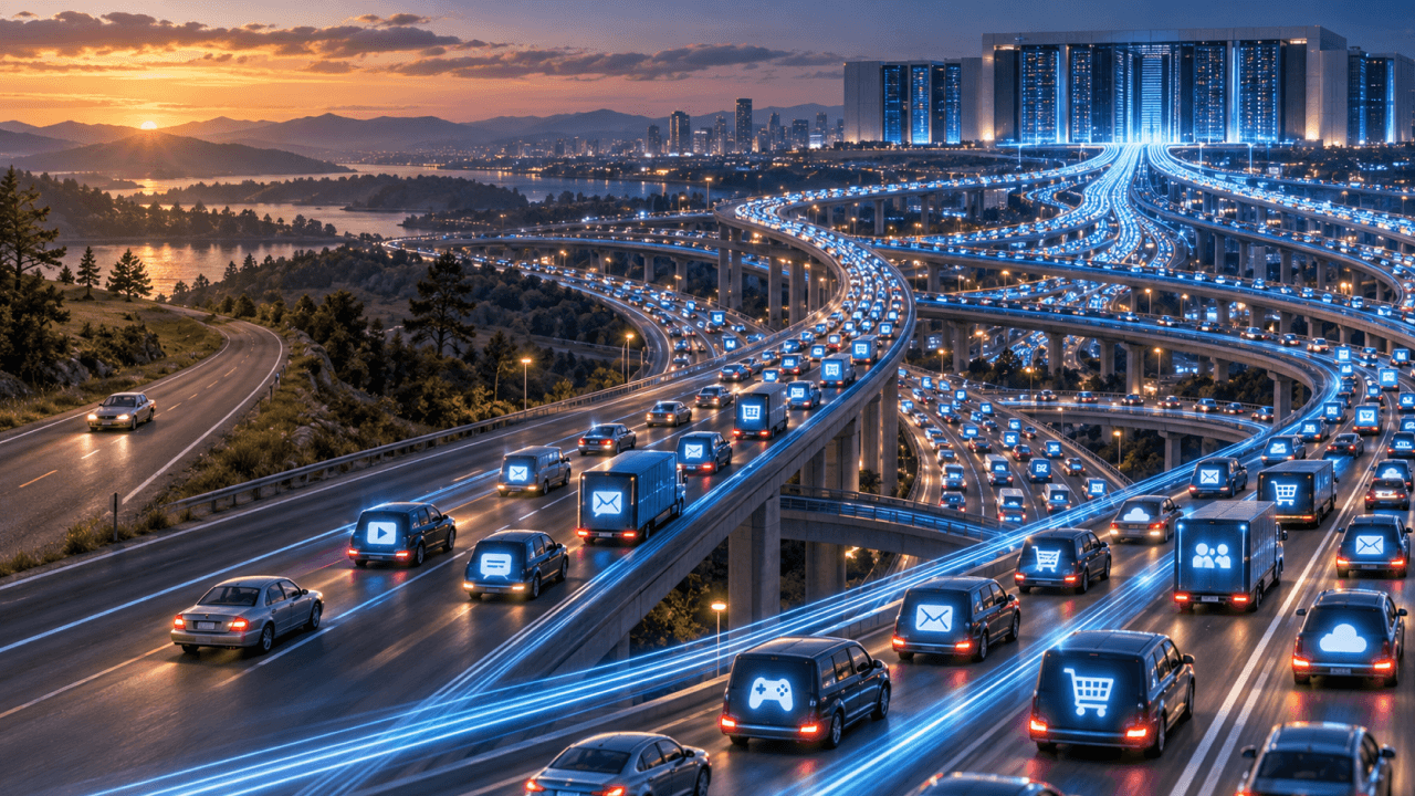 A single car on a quiet road expands into a vast multilayer highway filled with vehicles representing video, messages, gaming, shopping, and cloud traffic flowing toward a data center.