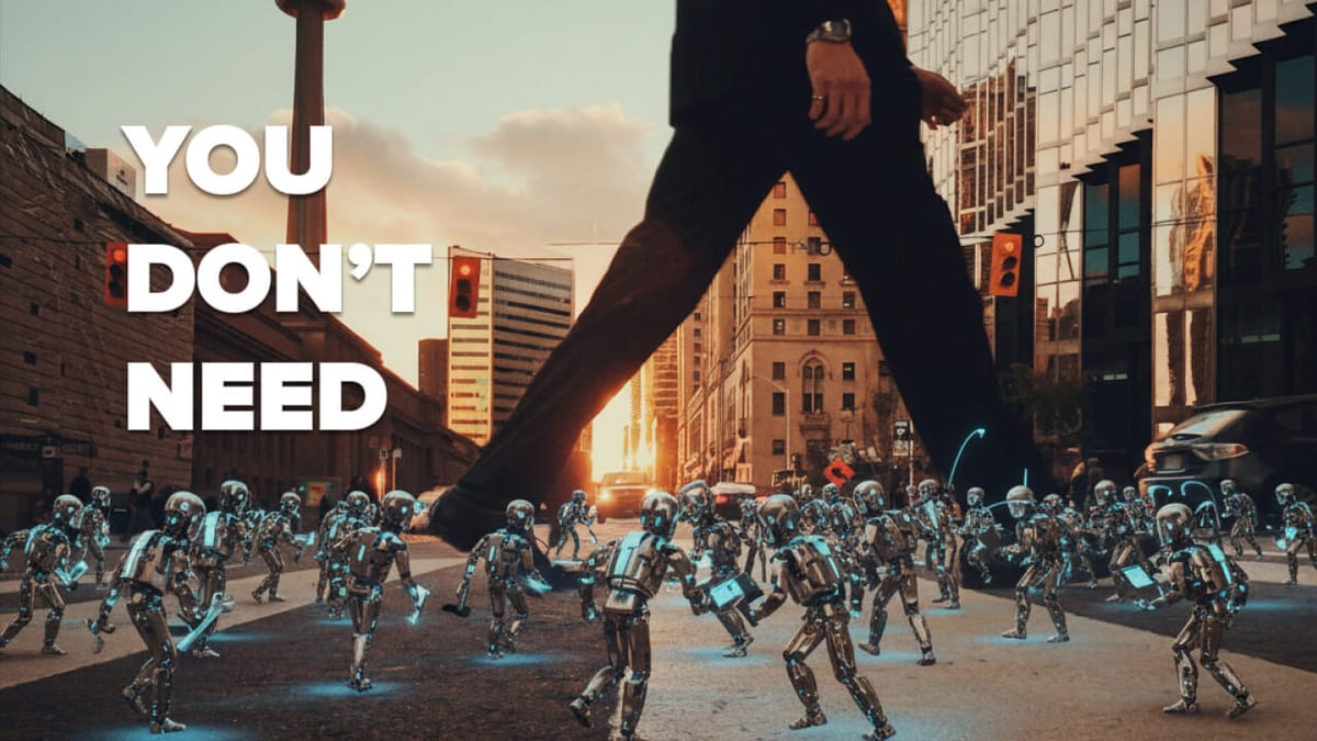 Human legs walking in city, surrounded by multiple tiny robotic AI agents, with laptops and tools.