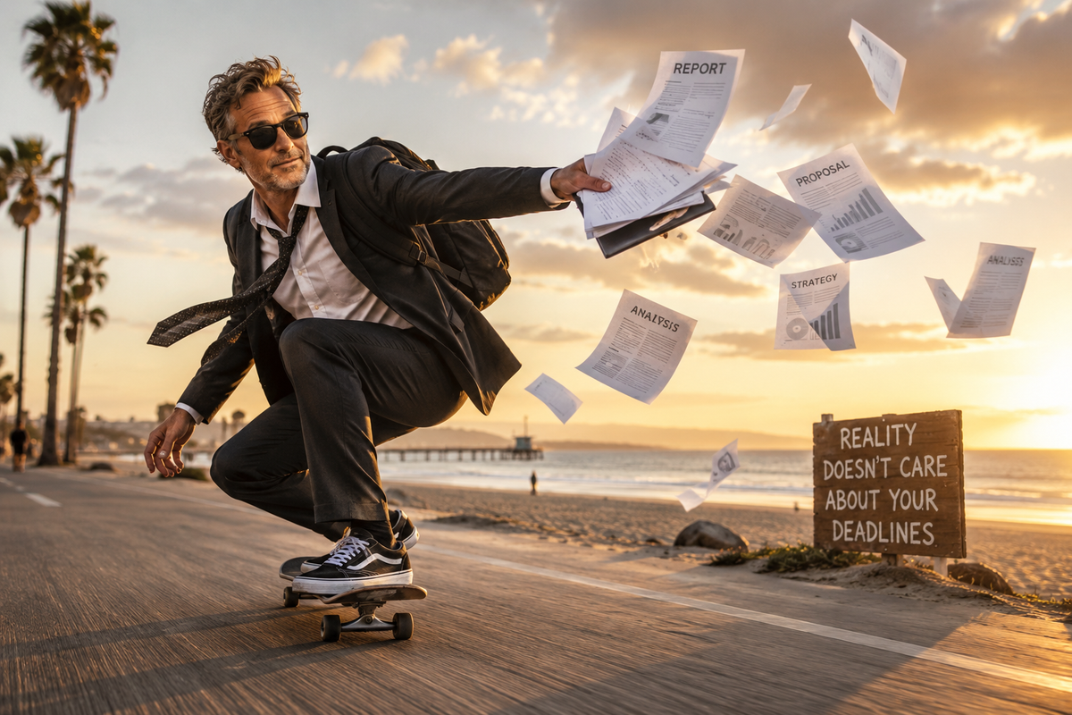Middle-aged man riding a skateboard along a beach path while tossing polished documents into the air, illustrating how AI can mimic expertise without deep understanding.