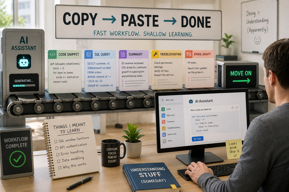 Bright office illustration of AI-generated work moving along a conveyor belt from “Copy” to “Paste” to “Done,” while learning notes sit ignored nearby.