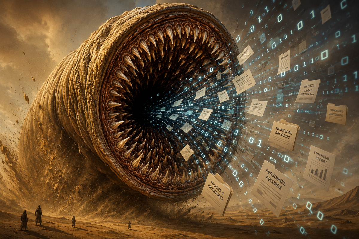 A giant sandworm swallows digital files, records, and data streams in a desert landscape, representing fears that AI turns every interaction into training data.