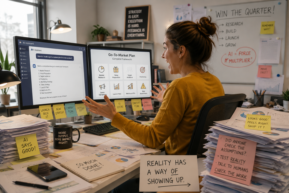 Professional using an AI assistant to generate plans & documents while unfinished work piles up around her. 