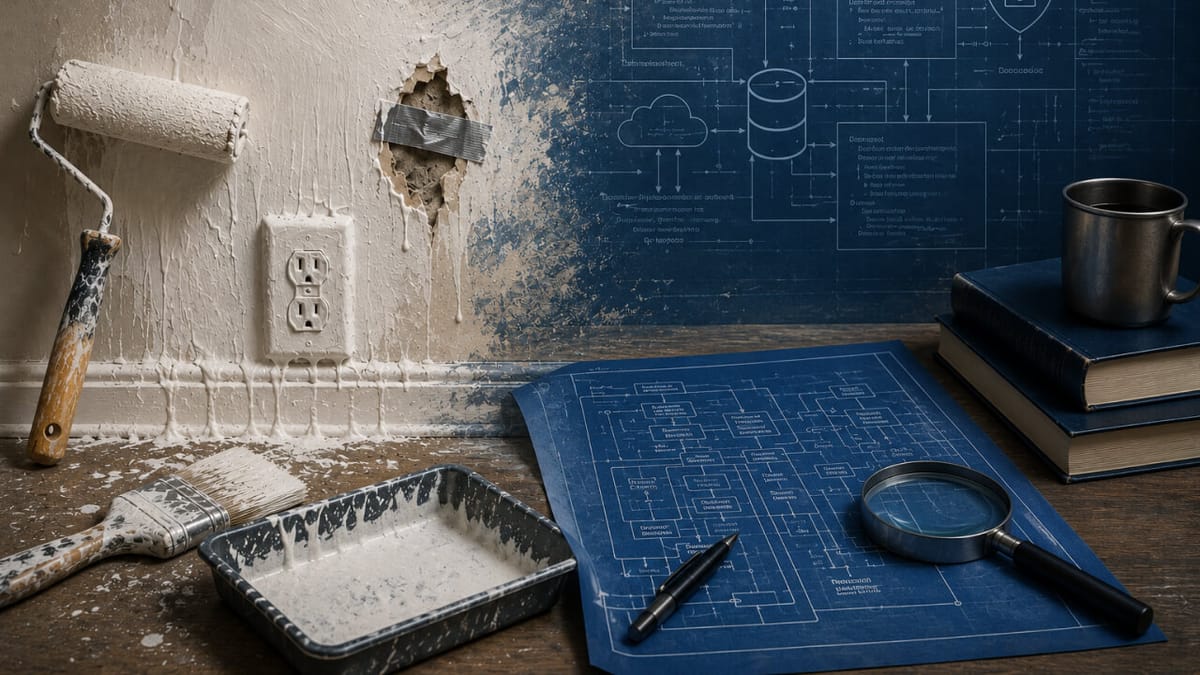 Rough wall repair blending into an IT workspace with technical diagrams, illustrating quick fixes versus specialized expertise.