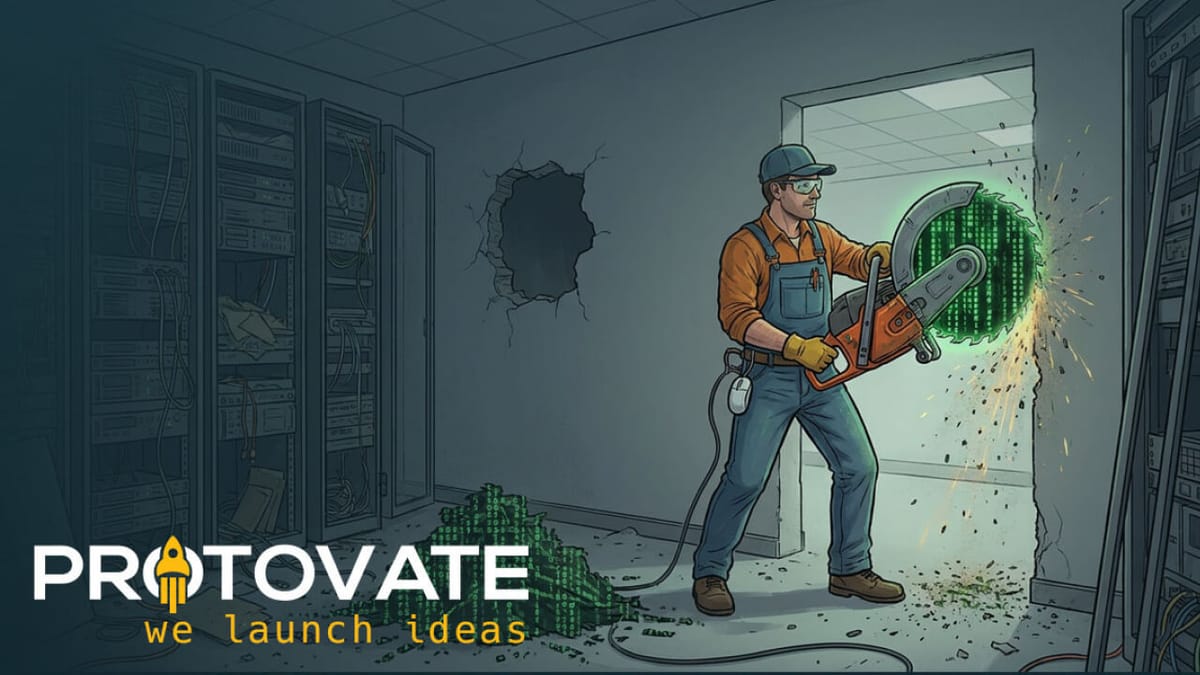 Worker cuts through a server room wall with a power saw, exposing digital code and illustrating the security risks of rogue IT and unauthorized AI tools.