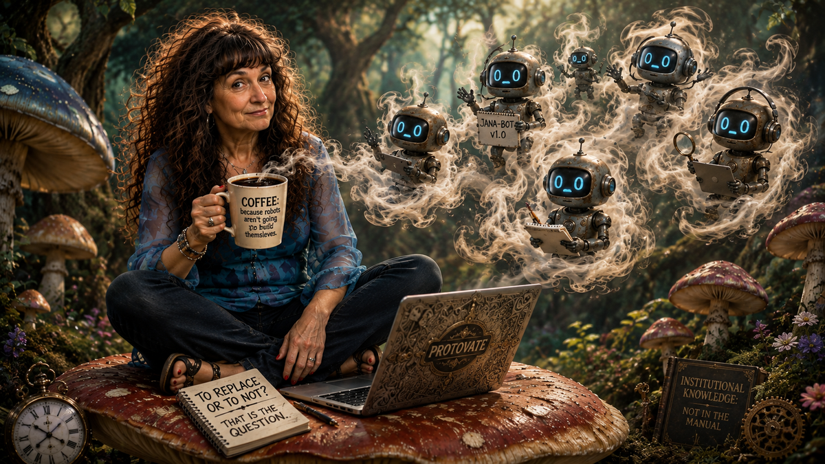 Jana sits on a giant mushroom with a laptop and coffee as smoke curls into several small robots.