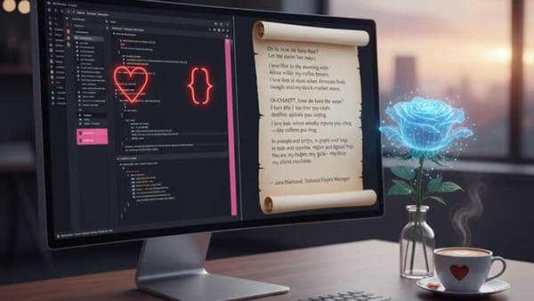 Image of a screen, with the "Oh AI, How do I love thee" poem and an AI generated blue rose