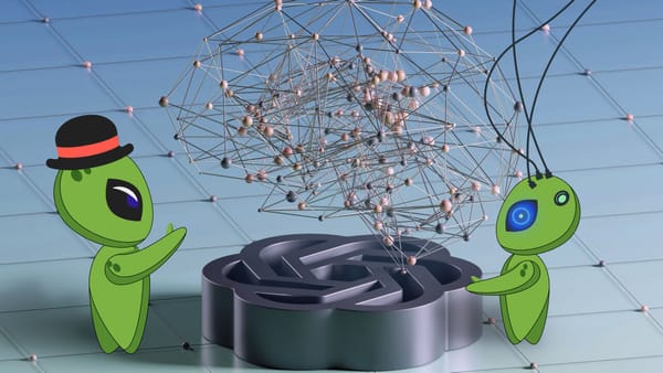 Image shows 2 Protovate aliens. One in top hat conducting, one with jacks in its head. The one with the jacks is creating an interconnected network.