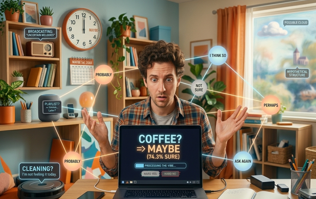 Man in home office affected by Maybe-Nary logic: Maybe, might do so, possibly, ask again, perhaps, not sure, hypothetically