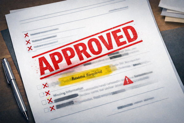 A document stamped “APPROVED” in large red letters even though multiple checklist items are marked with red Xs, with a highlighted “Review Required” warning and a caution icon still visible. 