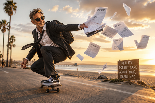 Middle-aged man riding a skateboard along a beach path while tossing polished documents into the air, illustrating how AI can mimic expertise without deep understanding.
