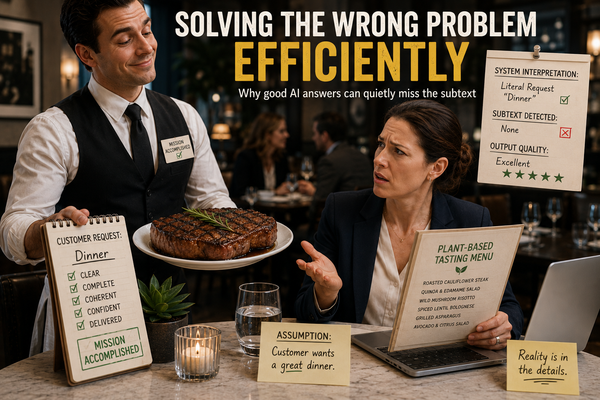 Professional woman holding a plant-based menu while a confident waiter proudly serves a large steak, illustrating how AI can generate polished but contextually wrong answers.