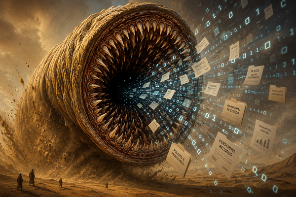 A giant sandworm swallows digital files, records, and data streams in a desert landscape, representing fears that AI turns every interaction into training data.