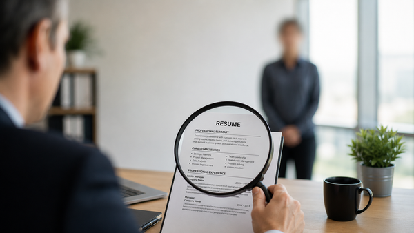 Hiring manager examining a resume through a magnifying glass while the job candidate standing behind it appears slightly blurred.