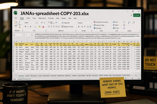 A computer monitor displays a huge Excel spreadsheet named "JANAs-spreadsheet-COPY-203.xlsx," representing the business-critical spreadsheet everyone is afraid to change.