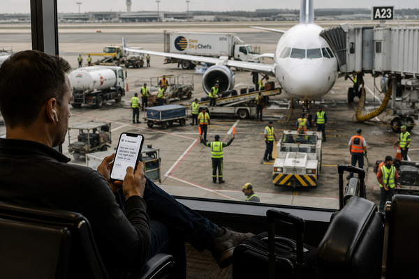 A traveler uses a smartphone while airport workers prepare an aircraft outside, illustrating that people still perform most of the work behind modern travel.