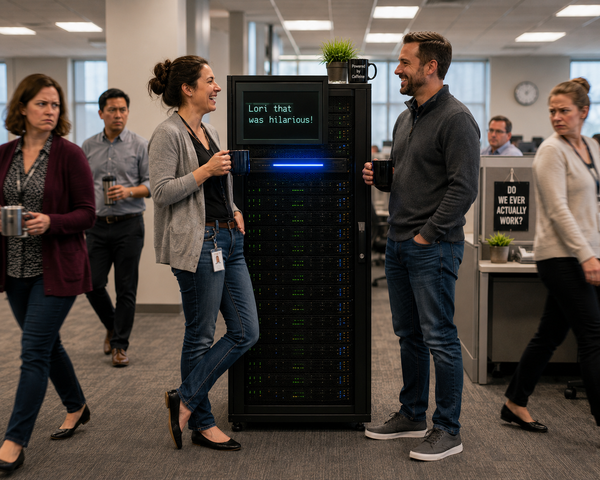 2 office workers chat by a server rack used like a water cooler. A monitor above joins the conversation, showing how an AI assistant can feel like a coworker after repeated interactions.
