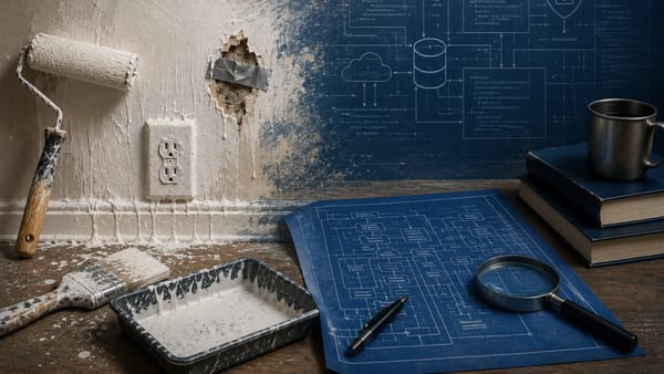 Rough wall repair blending into an IT workspace with technical diagrams, illustrating quick fixes versus specialized expertise.