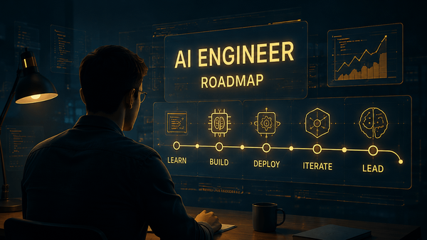 AI engineer viewing a roadmap with five stages: Learn, Build, Deploy, Iterate, and Lead.