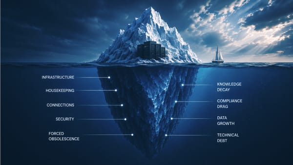 Iceberg showing hidden software ownership costs: infrastructure, security, maintenance, obsolescence, compliance, data growth, and technical debt.