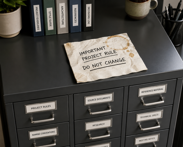 A coffee-stained napkin reading “Important Project Rule: Do Not Change” sits atop an organized filing cabinet labeled for permanent project information.