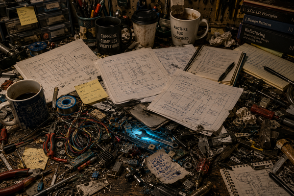 Cluttered engineering workbench covered with tools, coffee cups, schematics and wires, with a partially buried wrench highlighted by a subtle blue glow.