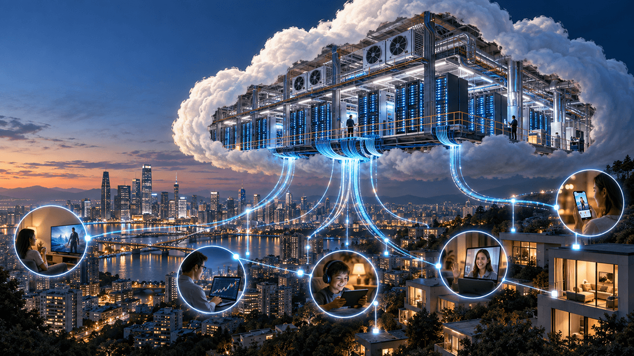 A massive data center built inside a cloud sends glowing data streams to people using streaming video, gaming, video calls, and online services across a city.