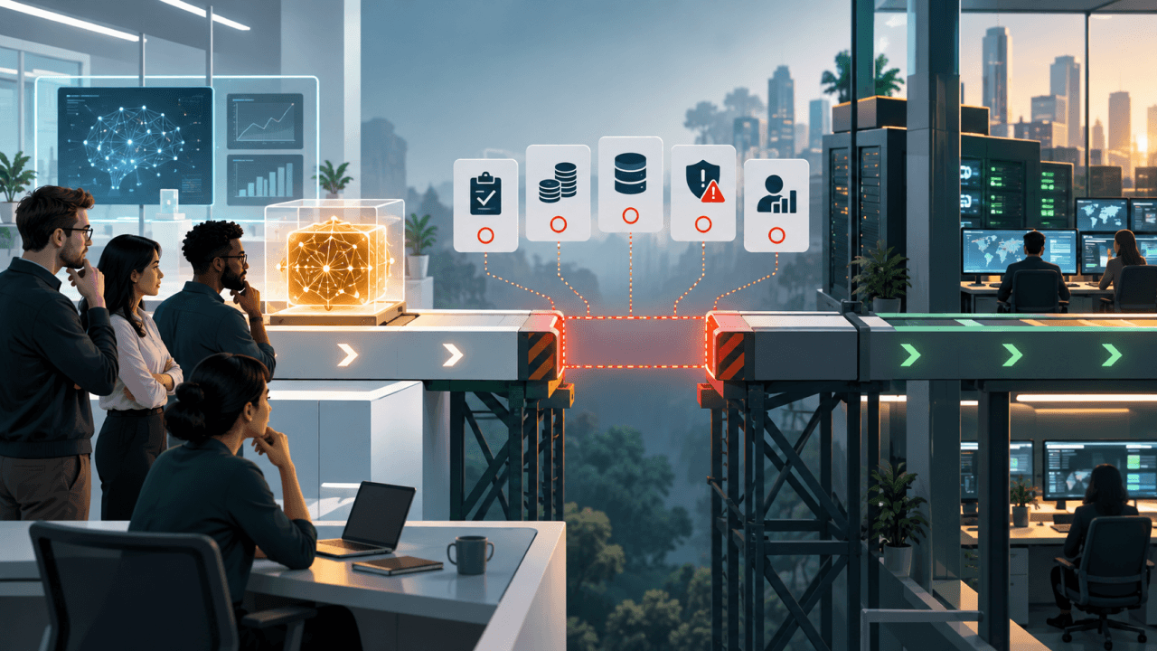An AI team watches a glowing prototype pause at a gap before production, with five readiness checkpoints above the stalled launch pipeline.